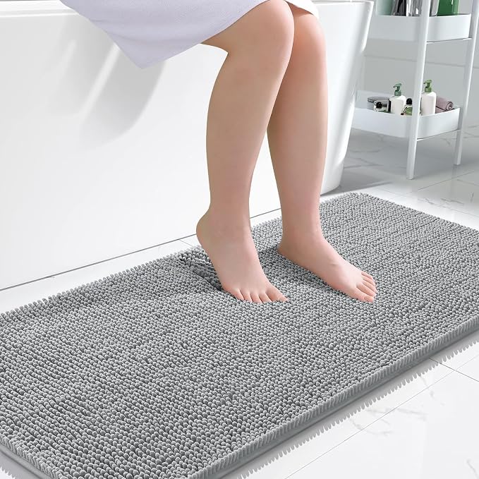 OLANLY Bathroom Runner Rugs 47x24, Extra Soft Absorbent Chenille Bath Rugs | Light Grey, Quick-Drying Rubber Backing, Washable Long Bath Mat for Bathroom Floor, Tub and Shower, Home Decor Accessories