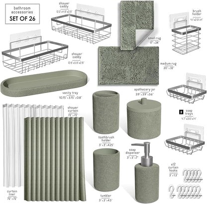 Clara Clark Sage Green Bathroom Set - Bathroom Sets with Shower Curtain and Rugs, 26PC Bathroom Accessory Set, Shower Curtain Set with Adhesive Corner Shower Caddy Hanging & Soap Dispenser