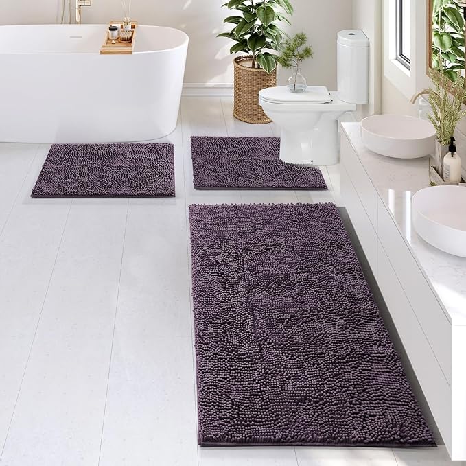 Hearth & Harbor Bathroom Rugs, Chenille Bath Mat - Machine Washable Bath Mats for Bathroom Non-Slip Backing Rubber, Quick Dry Mat - Purple Bath Rug, 17x24-26x44-20x24