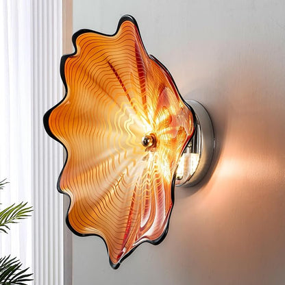 Amber Glass Wall Light Dia 12" Wall Lamp with Murano Glass Shade Vintage Vanity Lighting Fixture with Metal Base Flush Mount Wall Sconce 2-Light for Bathroom, Bedroom, Bedside, Entryway