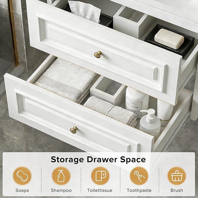 24" Bathroom Vanity with Sink, Floating Bathroom Vanity with with Marble Ceramic Basin Top and 2 Storage Drawers, Modern Storage Cabinet for Small Space, White