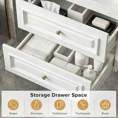 24" Bathroom Vanity with Sink, Floating Bathroom Vanity with with Marble Ceramic Basin Top and 2 Storage Drawers, Modern Storage Cabinet for Small Space, White