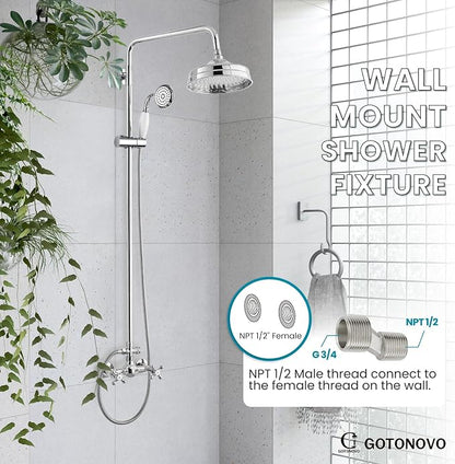 gotonovo Exposed Shower Faucet Set Luxury,Polish Chrome,Straignt Rod | Bathroom 8” Shower Head with Handheld Spray System Fixtures,Vintage Two Cross Handle,Wall Mount,for 5-6.7" Hole,Adjust Height