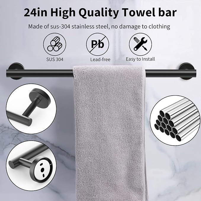 Newfun 10 Pieces Matte Black Bathroom Hardware Set 24 Inch | Include 24 inch Towel Bar, Robe Hook, Toilet Paper Holder, Stainless Steel Bathroom Accessories Set for Bathroom Wall Mounted