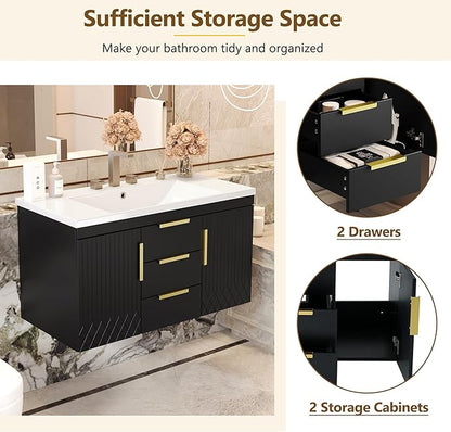 36 Inch Bathroom Vanity with Sink, Wall Mounted Bathroom Storage Cabinet with 2 Doors and 2 Drawers, Floating Bathroom Vanities with Decor Line