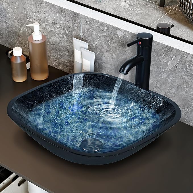 Artistic Square Bathroom Sink Blue Tempered Glass Vessel Sink Combo with Faucet 1.5 GPM and Pop up Drain Bathroom Bowl