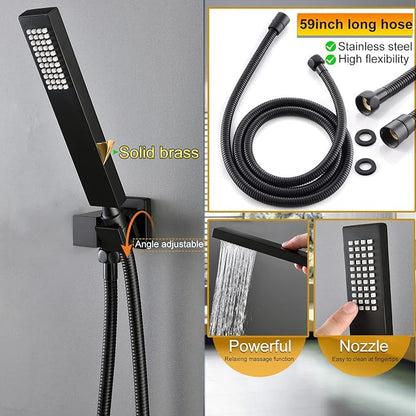 Matte Black Shower System 16 Inches Ceiling Mount Full Body Shower Faucet Set Brass Thermostatic Massage Shower with On/Off Body Jets and Handheld Can Run All At Once