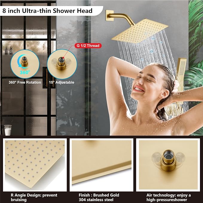 Midanya Shower Faucet Set with Handheld Sprayer,8 Inch,Brushed Gold | Rough-in Shower Valve and Trim Kit Included,Square Rain Head,Wall Mount Shower System,All Metal,Bathroom