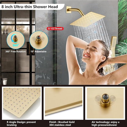 Midanya Shower Faucet Set with Handheld Sprayer,8 Inch,Brushed Gold | Rough-in Shower Valve and Trim Kit Included,Square Rain Head,Wall Mount Shower System,All Metal,Bathroom