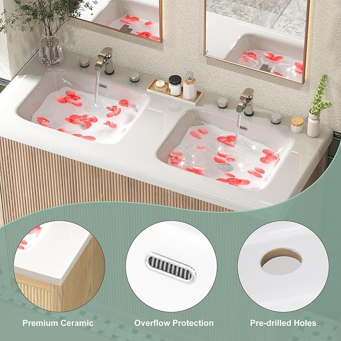 48 Inch Bathroom Vanity with Double Sink, Bathroom Sink Cabinet with 4 Fluted Doors, Double Sink Bath vanities Combo, Light Oak (20" D x 48" W x 36" H)