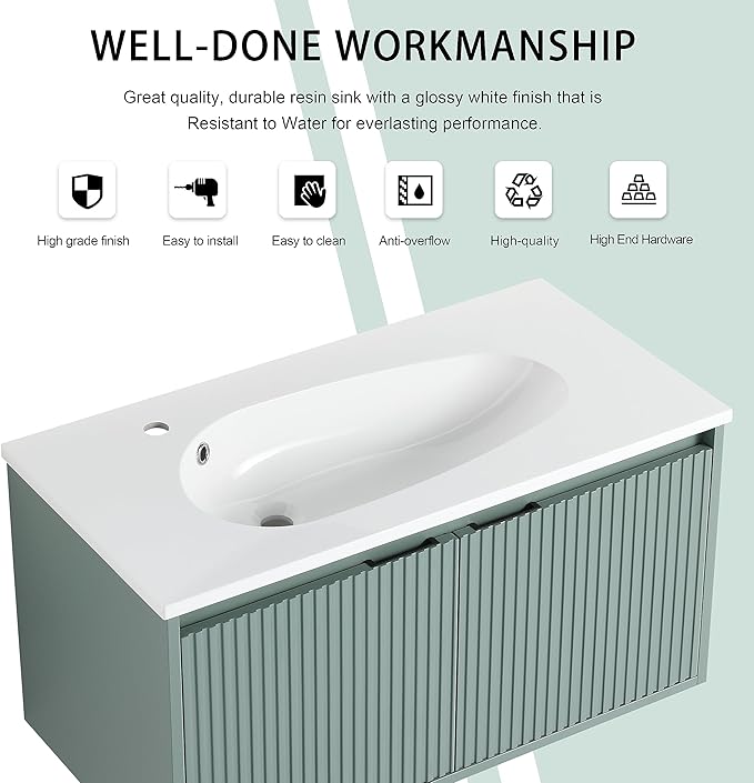 36 Inch Bathroom Vanity with Sink, 36" Floating Vanity, Premium Plywood Wooden Bathroom Cabinet with Soft Close Doors and Waterdrop-Shaped Resin Sink, Modern Wall Mounted Cabinet Set (Stripe Pattern)