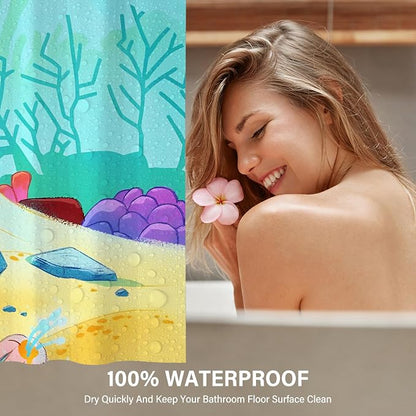 Cartoon Turquoise Underwater Coral Kids Shower Curtain Set 36x72 Inches | Cartoon Underwater Coral Print, Cute Beach Decor for Boys and Girls, Ideal for Kids Stall Bathroom & Housewarming Gift
