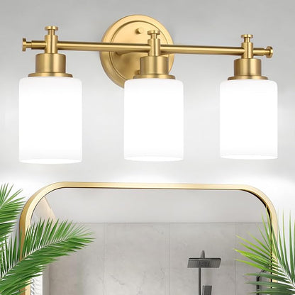 Bathroom Vanity Light, 3-Bulb Brushed Gold Vanity Light for Bathroom 17.5'' | Modern Champagne Gold Wall Sconce with White Glass Shades, Anti-Rust Light Fixtures over Mirror (Bulbs Not Included, E26)