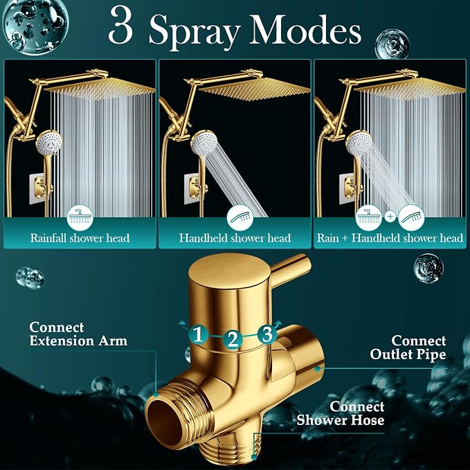 12'' Gold Rain Shower Head with 16” Extension Arm and 5 Setting Handheld | High Pressure Rainfall Shower Head with Flexible Adjustable Height and Angle Arm,Stainless Steel and Anti-leak