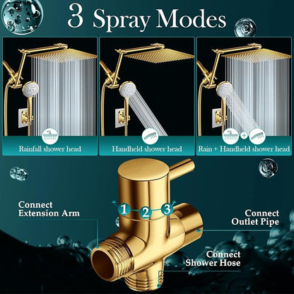 12'' Gold Rain Shower Head with 16” Extension Arm and 5 Setting Handheld | High Pressure Rainfall Shower Head with Flexible Adjustable Height and Angle Arm,Stainless Steel and Anti-leak