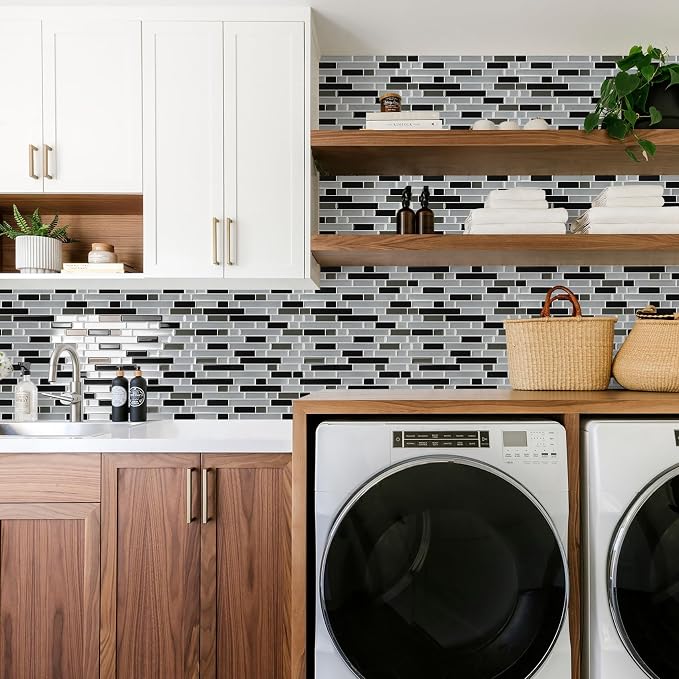 STICKGOO Thicker Peel and Stick Backsplash Tile for Kitchen and Bathroom | 10 Sheets of 12”×12” - 3D Vinyl Self Adhesive Wall Tiles Stick on Backsplash for Kitchen & Bathroom(Silver, Black)