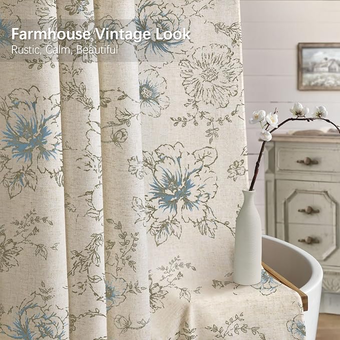 Farmhouse Floral Linen Shower Curtain, Vintage Blue and Brown Pattern Rustic Shower Curtains for Bathroom,72x72