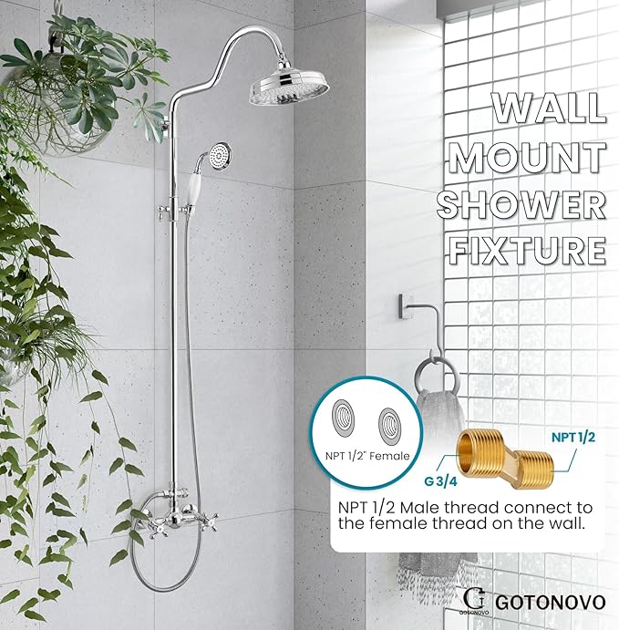 gotonovo Luxury Exposed Shower Faucet Set Bathroom Shower System 8 Inch Wall Mount Rainfall Shower Head with Handheld Spray Cross Double Handle Shower Fixture Adjustable Arc Rod Polish Chrome