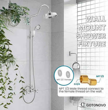 gotonovo Luxury Exposed Shower Faucet Set Bathroom Shower System 8 Inch Wall Mount Rainfall Shower Head with Handheld Spray Cross Double Handle Shower Fixture Adjustable Arc Rod Polish Chrome