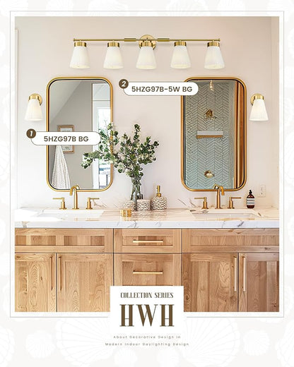Bathroom Light Fixture, HWH 5-Light Bathroom Vanity Light Brushed Gold Vanity Lighting Over Mirror, Modern Vanity Lights with Frosted White Striped Glass, 5HZG97B-5W BG