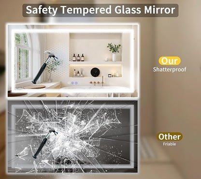 30"x50" LED Bathroom Mirror with Lights, Anti-Fog, Backlit + Front Lit, Dimmable, Led Vanity Mirror for Wall, Lighted Bathroom Mirror, 3 Colors, Shatter-Proof Tempered Glass