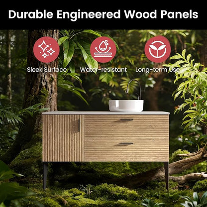 48" Bathroom Vanity with White Vessel Sink, Wall-Mounted, Oak | Fluted Bathroom Cabinet with Offset Ceramic Sink, 2 Soft-Closing Drawers & 1 Door, Engineered Stone Countertop