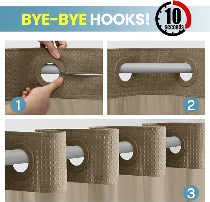 SORTTO No Hook Shower Curtain with Snap in Liner Set Waffle Shower Curtain for Bathroom Hotel Style Fabric Waterproof Inner Liner，71" W x 74" H, Beige