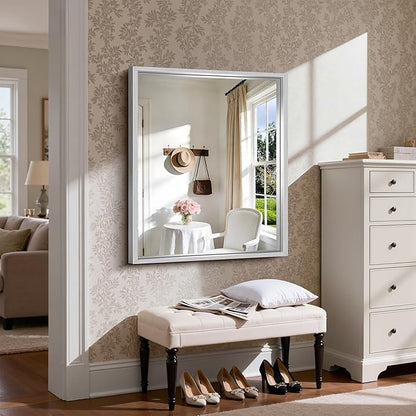 CIRCUMI 30"x36" Silver Mirror with Chunky Box Metal Frame, Brushed Finish Rectangular Bathroom Mirrors for Over Sink, Living Room, Entryway, Tempered Glass Mirror for Wall, Vertical or Horizontal