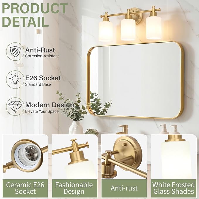 Bathroom Vanity Light, 3-Bulb Brushed Gold Vanity Light for Bathroom 17.5'' | Modern Champagne Gold Wall Sconce with White Glass Shades, Anti-Rust Light Fixtures over Mirror (Bulbs Not Included, E26)