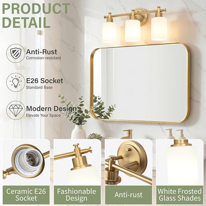 Bathroom Vanity Light, 3-Bulb Brushed Gold Vanity Light for Bathroom 17.5'' | Modern Champagne Gold Wall Sconce with White Glass Shades, Anti-Rust Light Fixtures over Mirror (Bulbs Not Included, E26)