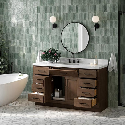 ARIEL Hepburn 60-inch Bathroom Vanity with Sink,Solid Wood, 1.5-inch Carrara White Quartz Countertop, Single Rectangular Porcelain Sink, 2 Soft Closing Doors, 9 Dovetail Drawers, Brown Oak