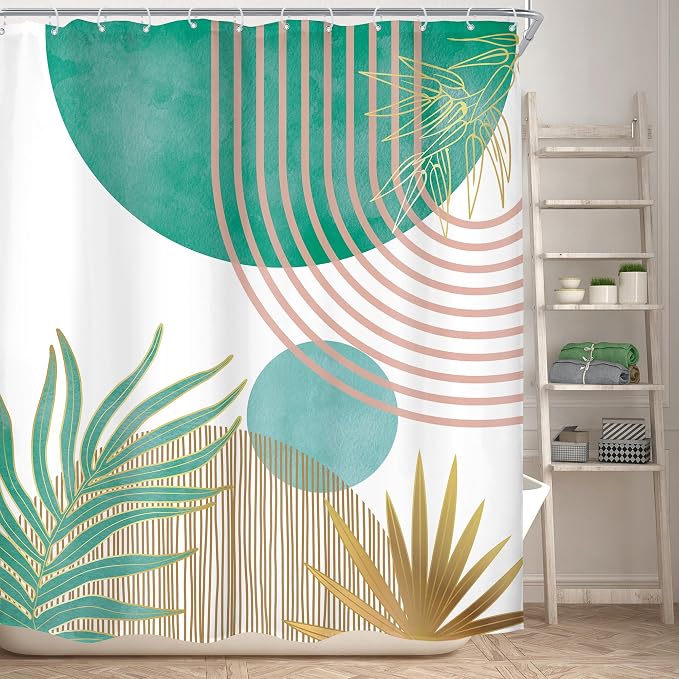 Mid Century Green Pink Boho Abstract Modern Bathroom Shower Curtain Set | 60Wx72L Plant design, waterproof HD print with fast-drying fabric and 12 hooks.