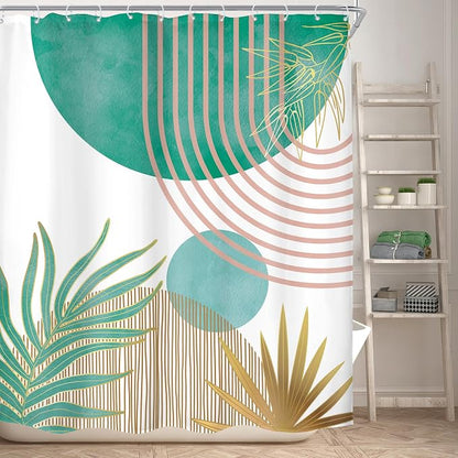 Mid Century Green Pink Boho Abstract Modern Bathroom Shower Curtain Set | 60Wx72L Plant design, waterproof HD print with fast-drying fabric and 12 hooks.