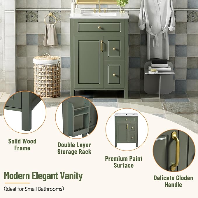 Favfurish 24" Bathroom Vanity with Ceramic Sink,Free Standing Single Basin Vanity w/Soft Close Door and Soft Closing Drawers,Wooden Bath Cabinet with Double Storage Racks on The Door,Green