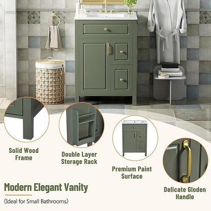 Favfurish 24" Bathroom Vanity with Ceramic Sink,Free Standing Single Basin Vanity w/Soft Close Door and Soft Closing Drawers,Wooden Bath Cabinet with Double Storage Racks on The Door,Green