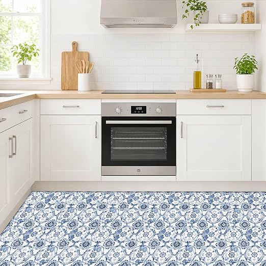 Delft Blue Floral Vine Peel and Stick Floor Tiles 12x12 Inch 10PCS | Delft blue floral vine pattern on a white background vinyl floor stickers for kitchen bathroom entryway and indoor home decor