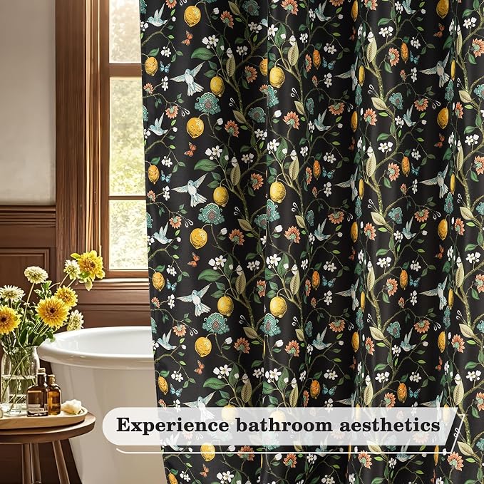 Floral Bird Shower Curtain 72x72, Hummingbird and Lemon Botanical Fabric Bath Curtains, Lightweight Quick-Dry Bathroom Decor Set with Hooks, Black