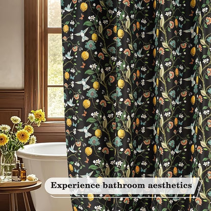 Floral Bird Shower Curtain 72x72, Hummingbird and Lemon Botanical Fabric Bath Curtains, Lightweight Quick-Dry Bathroom Decor Set with Hooks, Black
