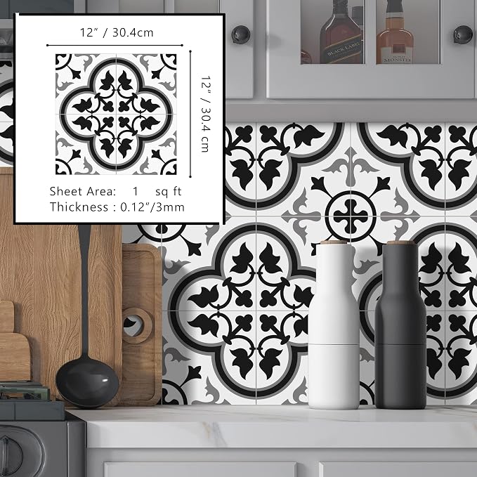The Tiles Plaza Encaustic Peel and Stick Backsplash, Grey and White Patterned Vintage Stick on Tiles, Stone Composite Self-Adhesive Wall Tile Sticker for Kitchen Bathroom Fireplace Stairs, 10 Sheets