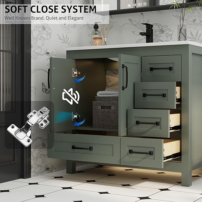 eclife 36" Bathroom Vanities with Sink Combo, Modern Thickened Wood Bathroom Storage Cabinet w/Undermount Sink, Matte Black Faucet Drain, Painted Surface, Green