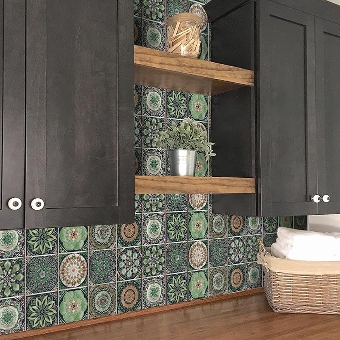 Easy Peel Stick Vinyl wall Tile Decals 6x6in Stick on backsplash,12Pc | Waterproof&heat resistant tile stickers for kitchen RV laundry backsplash decor,remove no damaging,green mandala pattern
