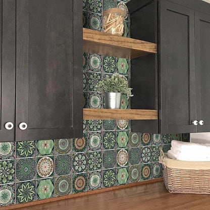 Easy Peel Stick Vinyl wall Tile Decals 6x6in Stick on backsplash,12Pc | Waterproof&heat resistant tile stickers for kitchen RV laundry backsplash decor,remove no damaging,green mandala pattern