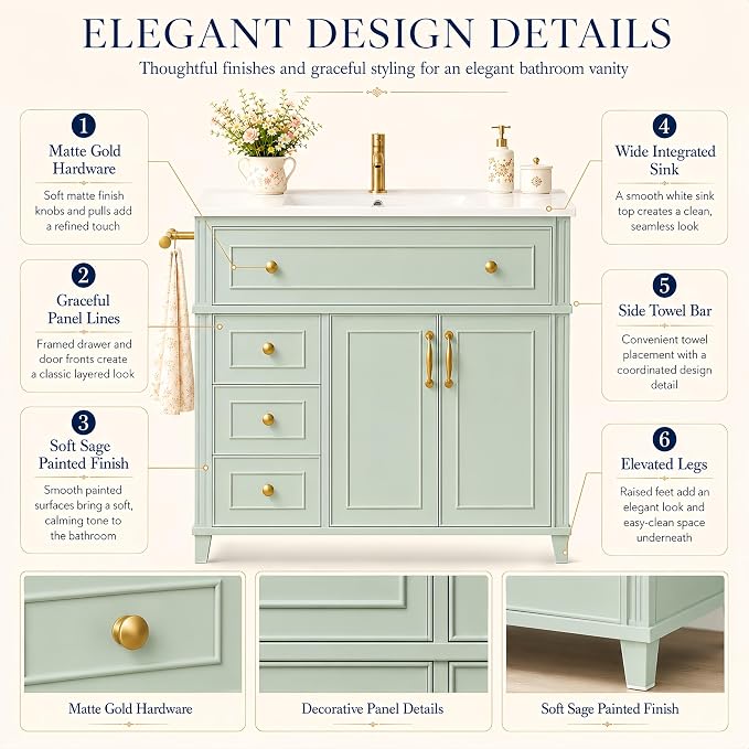 Bellemave 36" Bathroom Vanity with Sink, Bathroom vanities, Green Bathroom Vanity with Drawers, Sink Cabinet, Sage Green, 36Inch