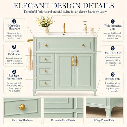 Bellemave 36" Bathroom Vanity with Sink, Bathroom vanities, Green Bathroom Vanity with Drawers, Sink Cabinet, Sage Green, 36Inch