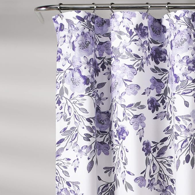 Lush Decor Tanisha Shower Curtain, 72" W x 72" L, Purple & Gray - Lavender Purple Flower Vine Print - Beautiful & Elegant Floral Shower Curtain - Modern Farmhouse & Cottage Bathroom Decor