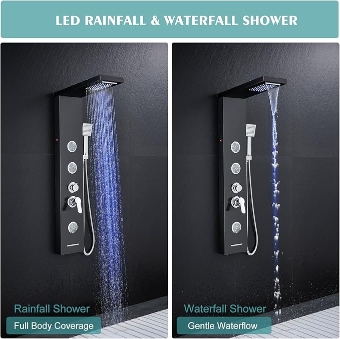 LED Shower Panel Tower System, 6-in-1 Shower Tower with Rainfall Waterfall Shower Head, 2 Modes Powerful Body Jets, Handheld Shower and Tub Spout, Stainless Steel Shower Column, Black