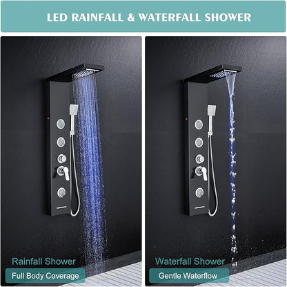 LED Shower Panel Tower System, 6-in-1 Shower Tower with Rainfall Waterfall Shower Head, 2 Modes Powerful Body Jets, Handheld Shower and Tub Spout, Stainless Steel Shower Column, Black