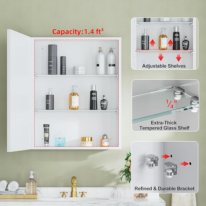 Buruis 24" x 30" Framed Medicine Cabinet with Mirror, Recessed or Wall Mounted Bathroom Cabinet, Adjustable Tempered Glass Shelves, Left/Right Open Reversible, No Assembly Required, White