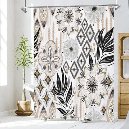 Boho Floral Shower Curtain, White Botanical Fabric Curtain, 36 x 72 | Boho floral, vintage botanical, dark floral, rustic farmhouse, colorful flowers, fabric shower curtain