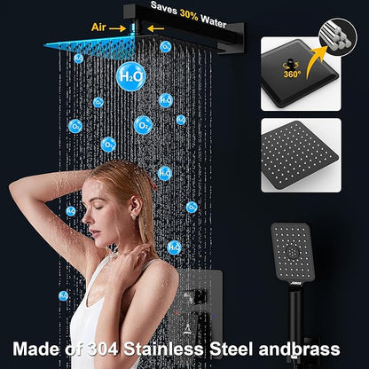 Rain Shower System 10IN Modern Brass Faucet Set With Valve and Diverter Shower Mixer With Handheld High Pressure Square Rainfall Shower Valve (10'' Wall Mount, Matte Black)